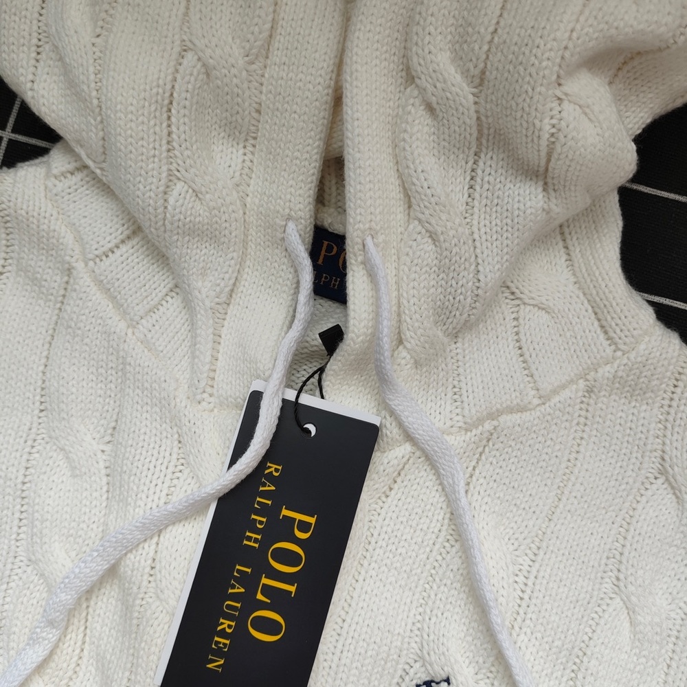 Ralph Lauren Cream Cable Knit Zip-Up Hoodie with Navy Pony Logo - Picture 6 of 7